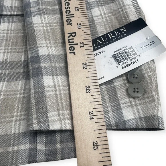 Lauren Ralph Lauren Lassiter 100% Linen Plaid Sport Coat Blazer 40S Cream Grey - Picture 9 of 16